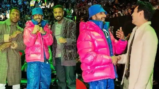 Ranveer Singh attends an NBA game with Marvel stars Jonathan Majors, Michael B Jordan, and Simu Liu