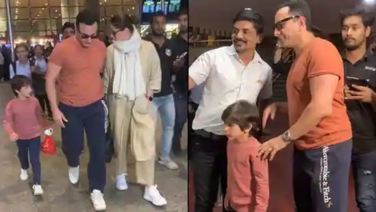 Saif Ali Khan returns to Mumbai with Kareena Kapoor, Taimur, and Jeh after vacation, poses with a fan