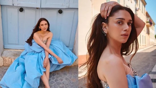 Aditi Rao Hydari shines in a mesmerizing blue gown as she makes her return to Cannes, exclaiming, “It’s wonderful to meet you once more!”