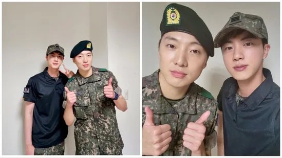 Jin from BTS and Seung-yoon from Winner reunite during their military duties
