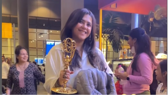 Ekta Kapoor Flaunts Emmy Win with Radiant Smile at Mumbai Airport Post New York Return