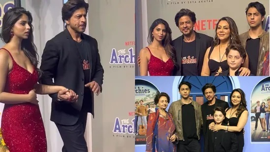 Shah Rukh Khan Rocks Archies T-Shirt at Film Premiere with Gauri, AbRam, Aryan; Suhana Khan Stuns in Striking Red